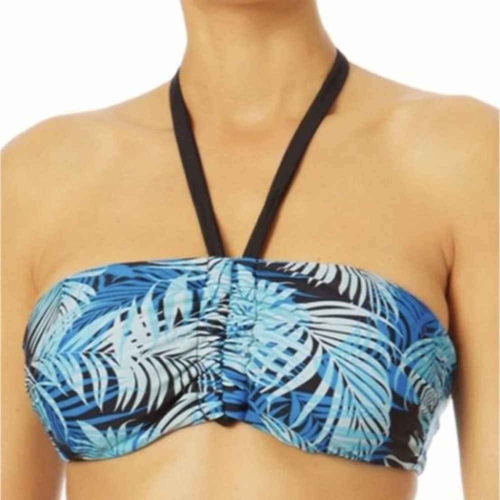 NEW Time & Tru Halter Bikini Swim Top Black Blue Palm Leaf Plus sz 3X 24w-26w‎